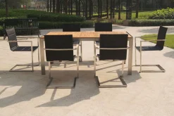 Online Garten-Essgruppe, schwarz, Edelstahl/Teak, Esstisch 200 x 90 cm, 6 Stapelstühle gepolstert Garten-Essgruppen|Edelstahl-Gartenmöbel