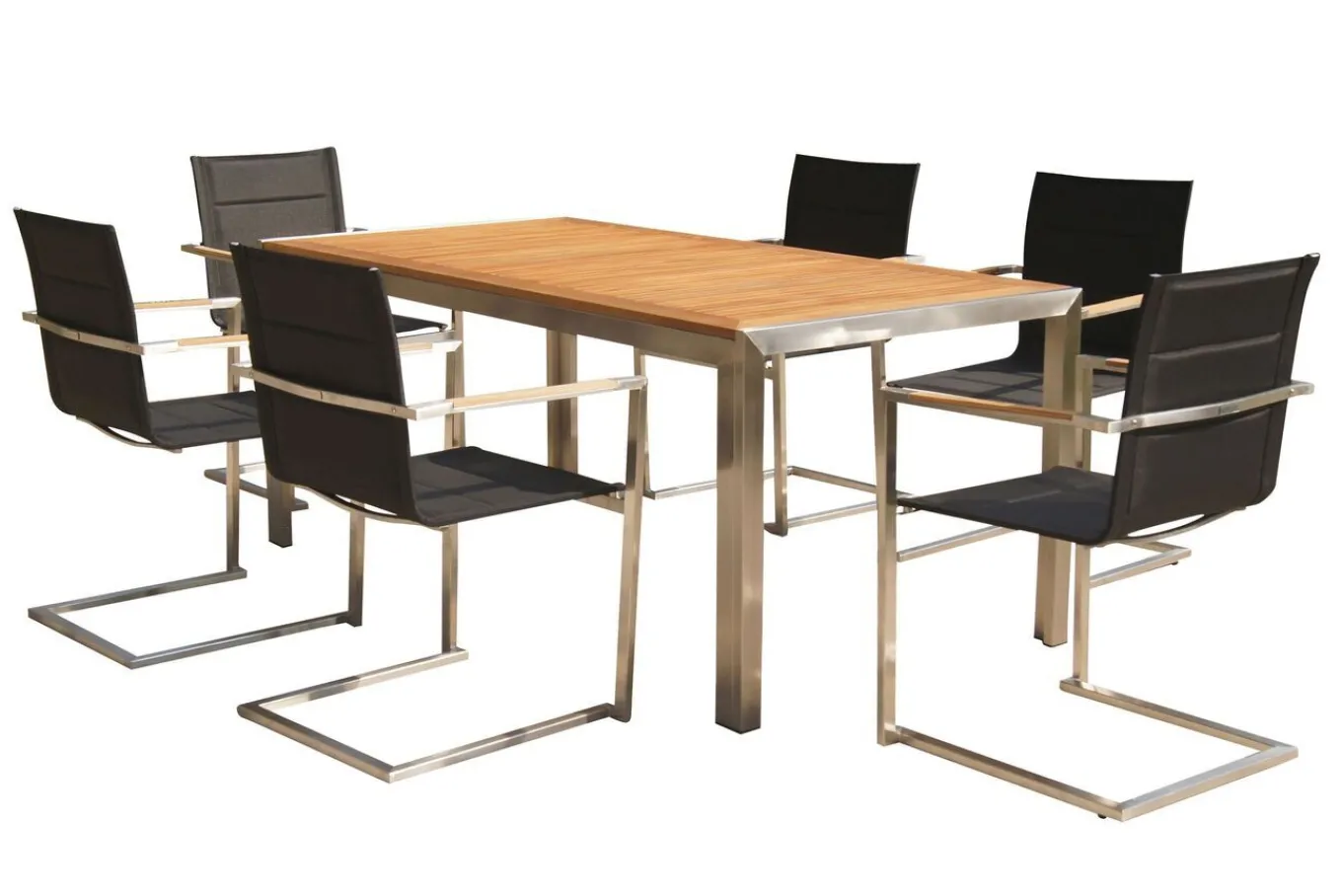 Online Garten-Essgruppe, schwarz, Edelstahl/Teak, Esstisch 200 x 90 cm, 6 Stapelstühle gepolstert Garten-Essgruppen|Edelstahl-Gartenmöbel