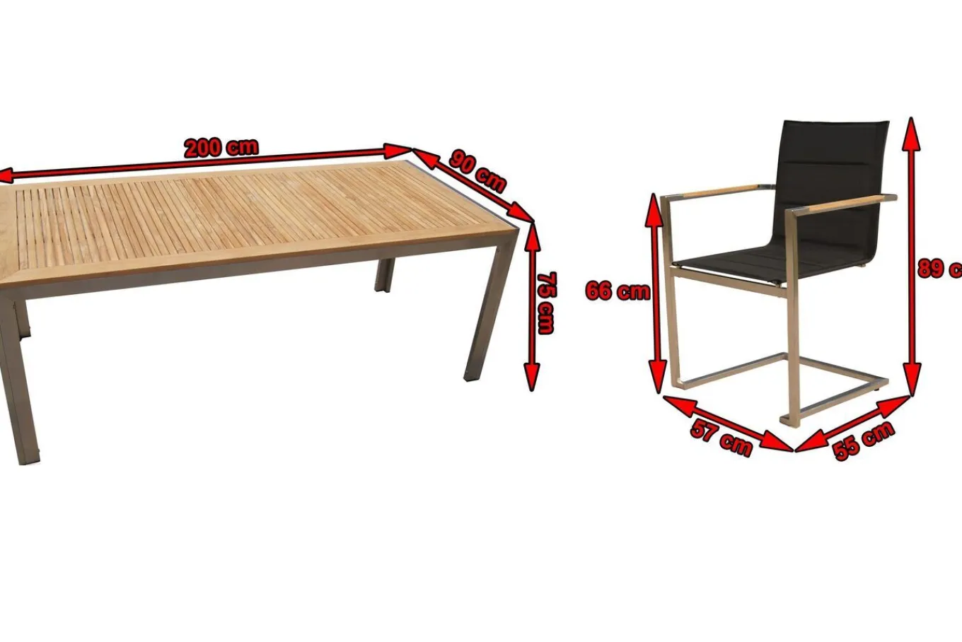 Online Garten-Essgruppe, schwarz, Edelstahl/Teak, Esstisch 200 x 90 cm, 6 Stapelstühle gepolstert Garten-Essgruppen|Edelstahl-Gartenmöbel
