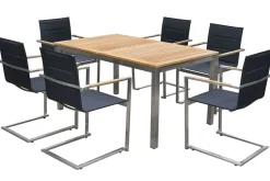 Clearance Garten-Essgruppe, schwarz, Edelstahl/Teak, Tisch 180/240 x 100 cm, 6 Stapelstühle gepolstert, FSC®-zertifiziertes Produkt Garten-Essgruppen