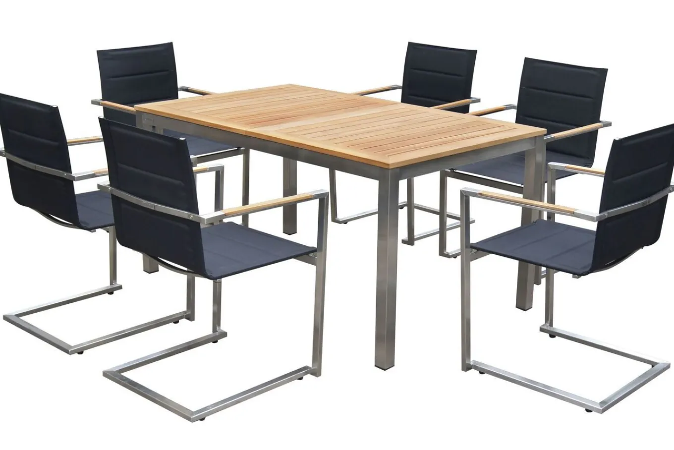 Clearance Garten-Essgruppe, schwarz, Edelstahl/Teak, Tisch 180/240 x 100 cm, 6 Stapelstühle gepolstert, FSC®-zertifiziertes Produkt Garten-Essgruppen