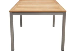 Clearance Garten-Essgruppe, schwarz, Edelstahl/Teak, Tisch 180/240 x 100 cm, 6 Stapelstühle gepolstert, FSC®-zertifiziertes Produkt Garten-Essgruppen