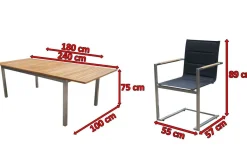 Clearance Garten-Essgruppe, schwarz, Edelstahl/Teak, Tisch 180/240 x 100 cm, 6 Stapelstühle gepolstert, FSC®-zertifiziertes Produkt Garten-Essgruppen