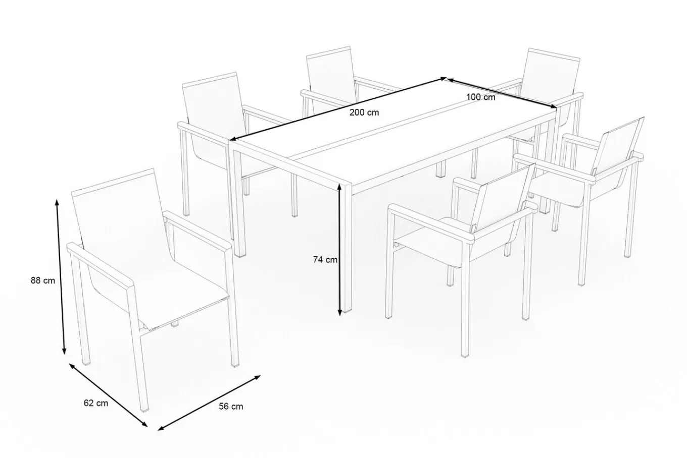 Clearance Garten-Essgruppe, schwarz/graphite, Edelstahl/Glaskeramik, Tisch 200x100 cm, 6 Sessel, kratzfest Garten-Essgruppen