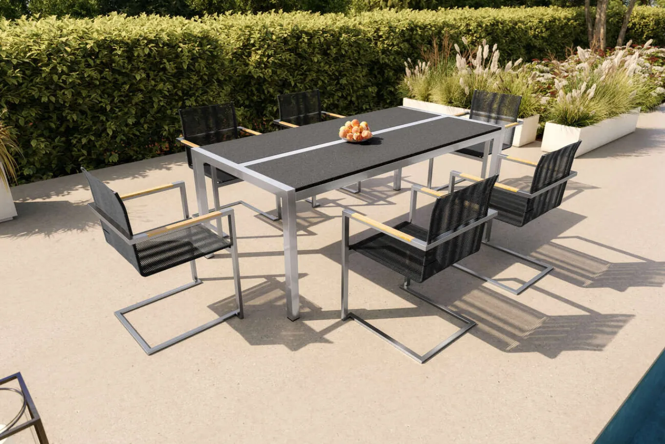 Clearance Gartenessgruppe, schwarz/silber, Edelstahl/FSC-Teak/Rope, Tisch 200x100cm, 6 Freischwinger, witterungsbeständig Garten-Essgruppen|Edelstahl-Gartenmöbel