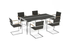 Hot Garten-Essgruppe, schwarz/graphite, Edelstahl/Glaskeramik, Tisch 200x100cm, 6 Freischwinger-Stühle, pflegeleicht Garten-Essgruppen