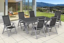 New Garten-Essgruppe, silber, Alu / Spraystone / Textil, Tisch 180/280x100cm, 6 Klappstühle Aluminium-Gartenmöbel
