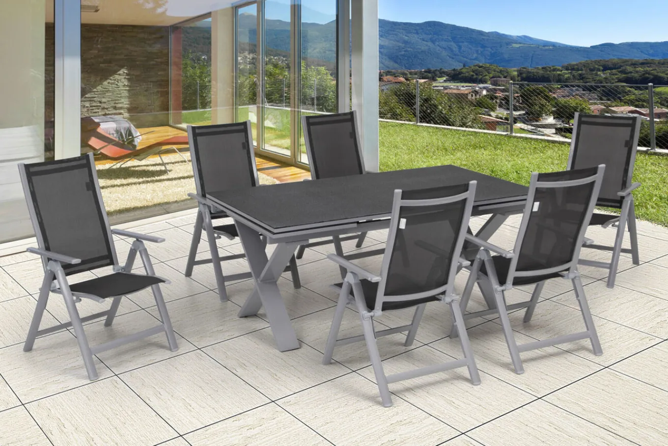 New Garten-Essgruppe, silber, Alu / Spraystone / Textil, Tisch 180/280x100cm, 6 Klappstühle Aluminium-Gartenmöbel
