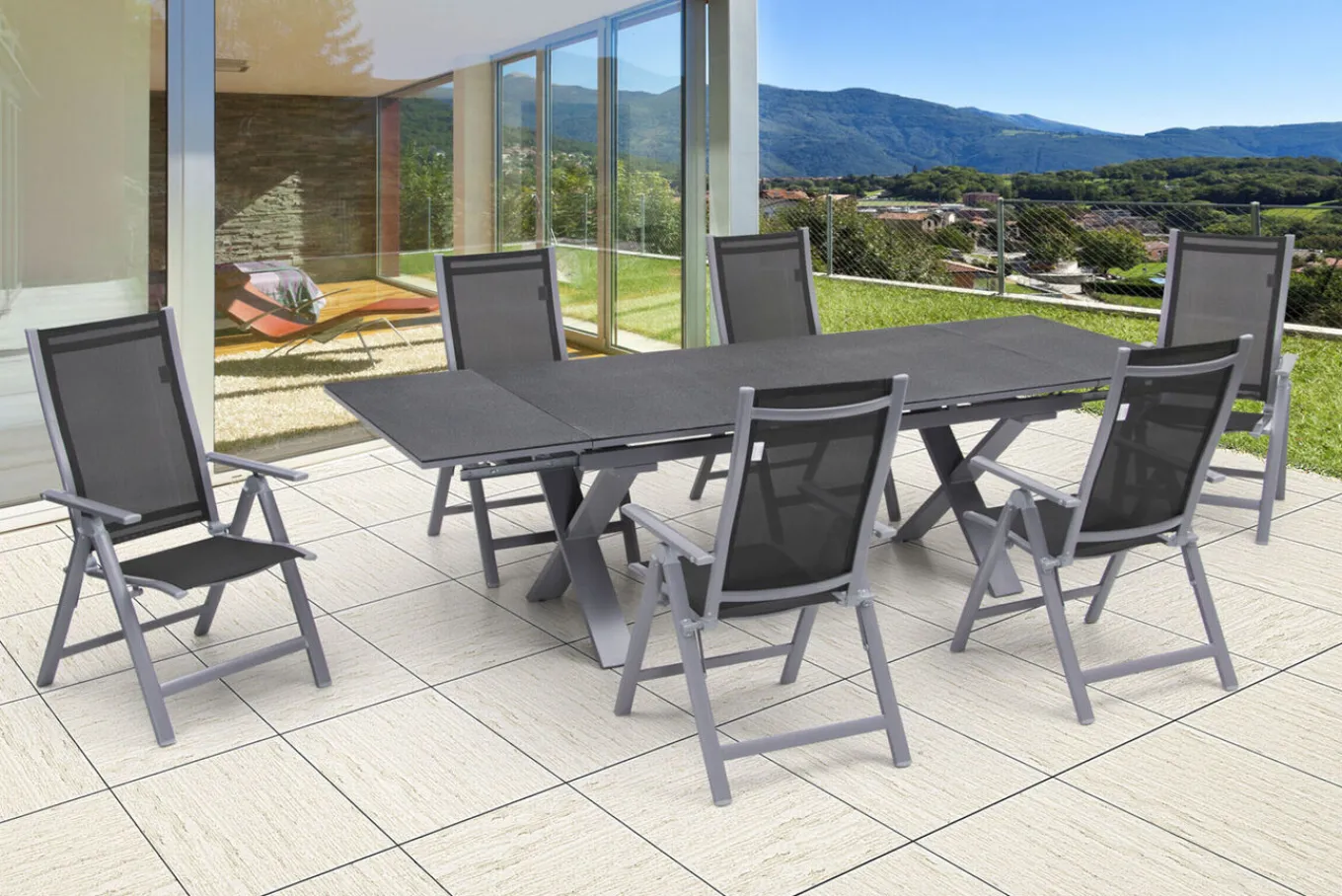 New Garten-Essgruppe, silber, Alu / Spraystone / Textil, Tisch 180/280x100cm, 6 Klappstühle Aluminium-Gartenmöbel