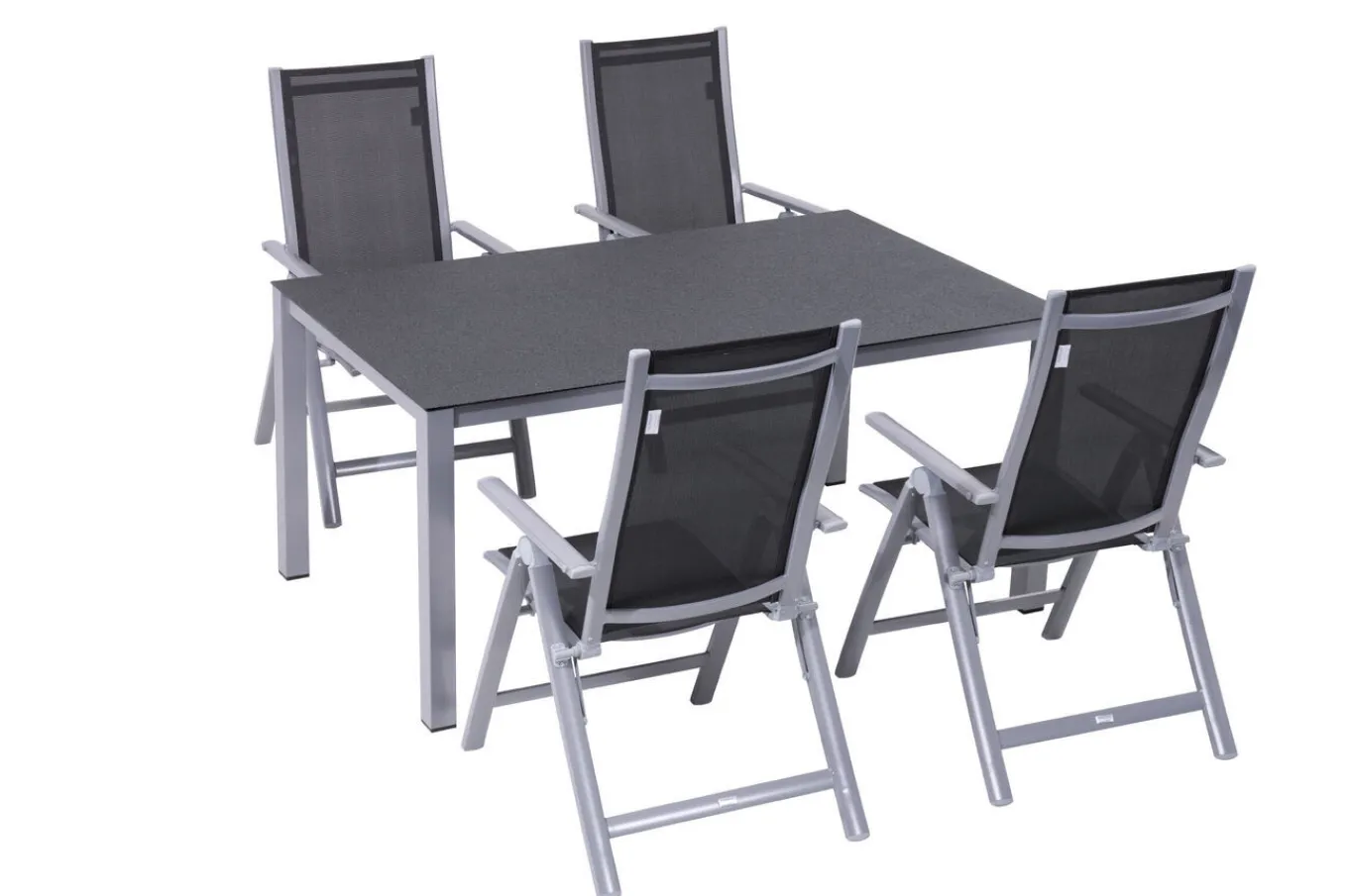 Sale Garten-Essgruppe, silber/anthrazit, Alu/Spraystone/Textilen, 160x95 cm, 4 Klappstühle Garten-Essgruppen|Aluminium-Gartenmöbel