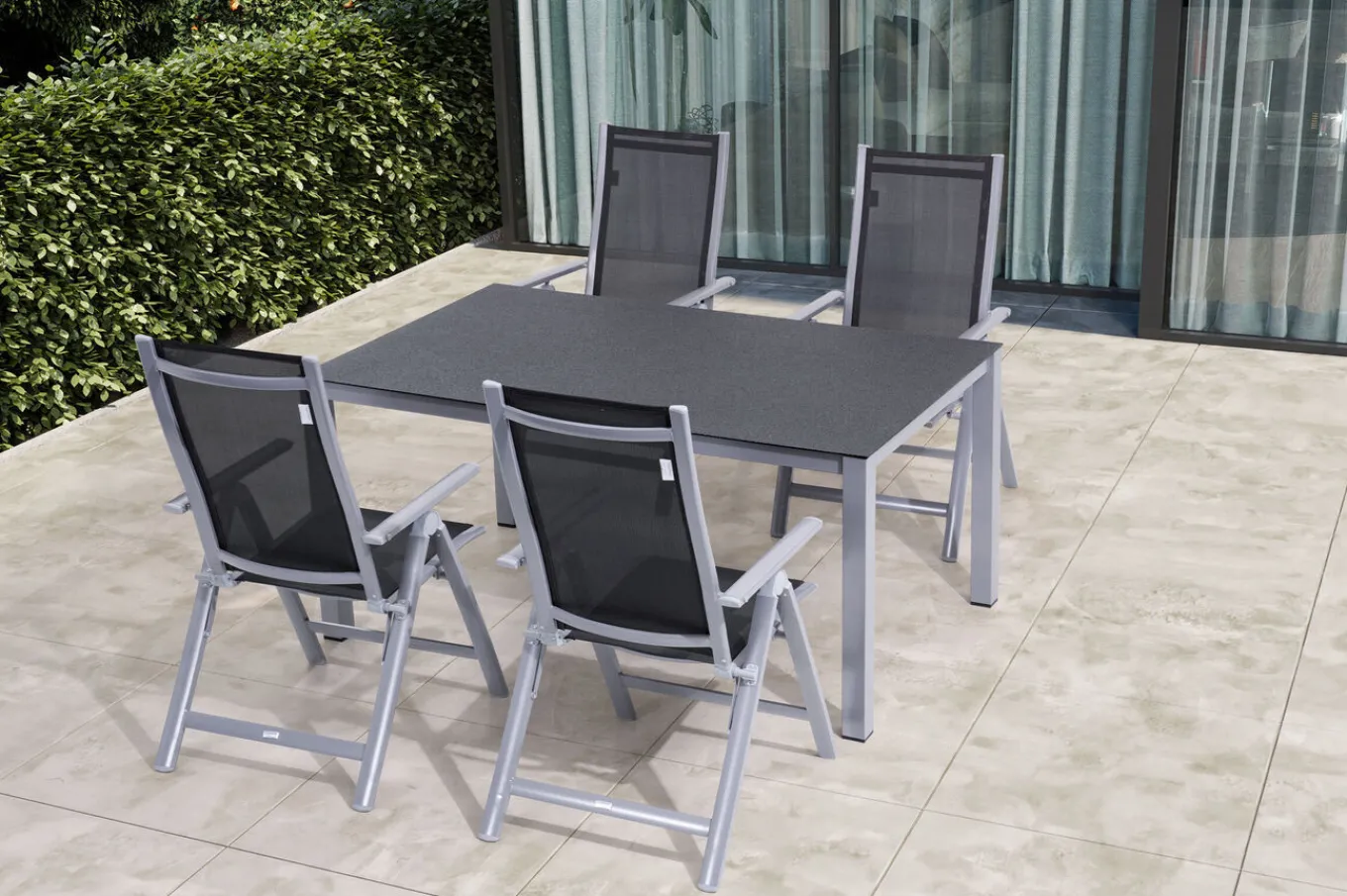 Sale Garten-Essgruppe, silber/anthrazit, Alu/Spraystone/Textilen, 160x95 cm, 4 Klappstühle Garten-Essgruppen|Aluminium-Gartenmöbel