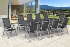 Hot Garten-Essgruppe, silber, Alu / Spraystone / Textil, Tisch 180/280x100cm, 10 Klappstühle Garten-Essgruppen