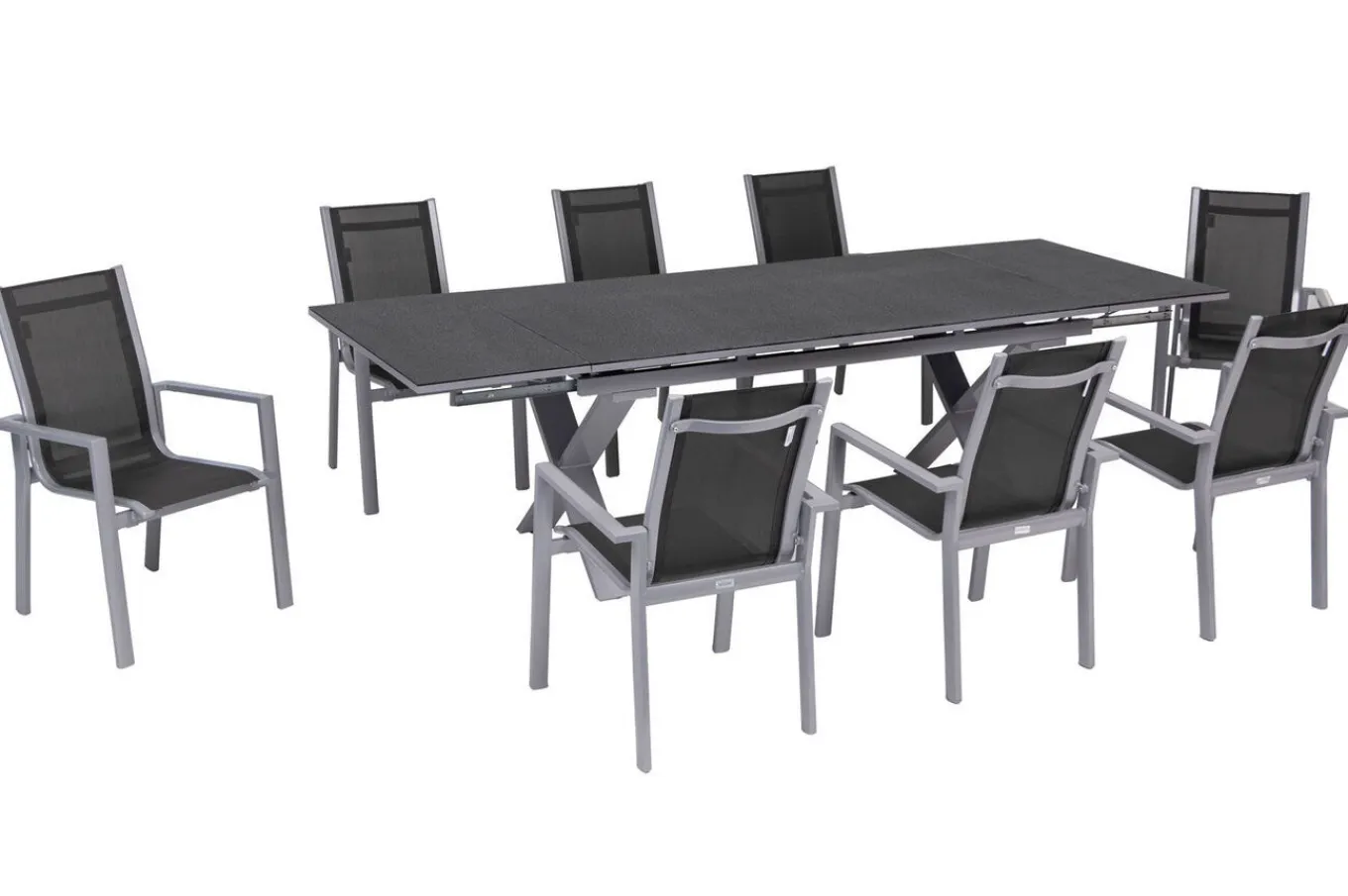 Best Garten-Essgruppe, silber, Alu / Keramik / Textil, Tisch 180/280x100cm, 8 Stapelsessel Garten-Essgruppen