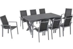Best Garten-Essgruppe, silber, Alu / Keramik / Textil, Tisch 180/280x100cm, 8 Stapelsessel Garten-Essgruppen