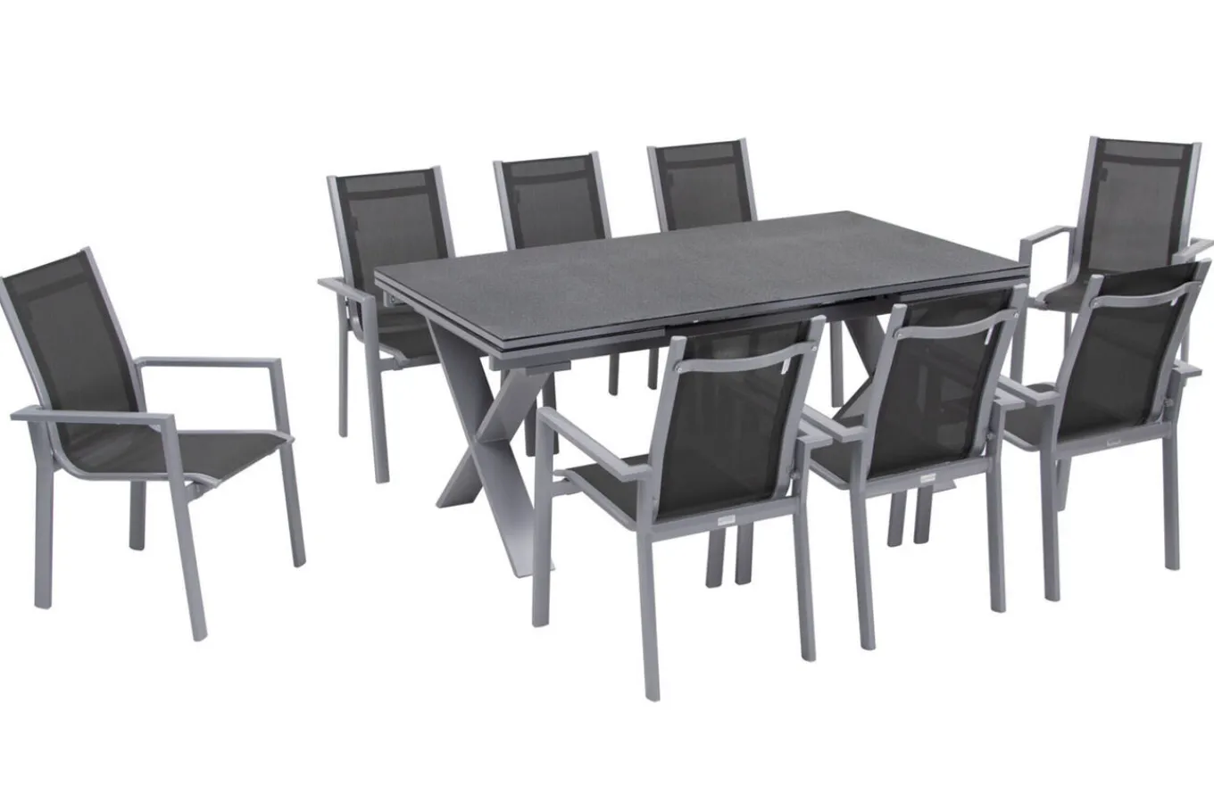 Best Garten-Essgruppe, silber, Alu / Keramik / Textil, Tisch 180/280x100cm, 8 Stapelsessel Garten-Essgruppen