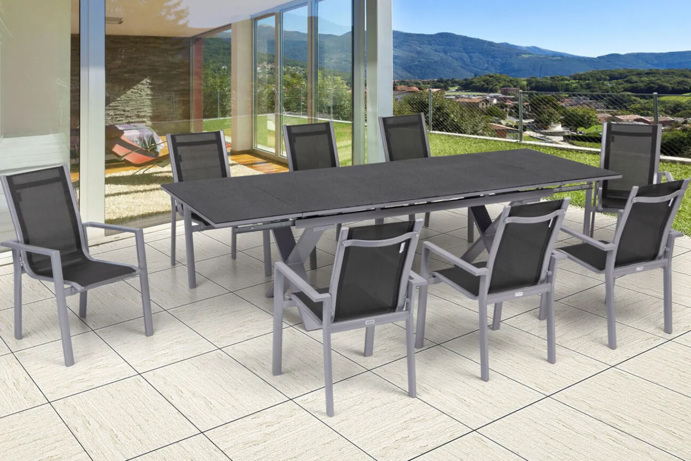 Best Garten-Essgruppe, silber, Alu / Keramik / Textil, Tisch 180/280x100cm, 8 Stapelsessel Garten-Essgruppen