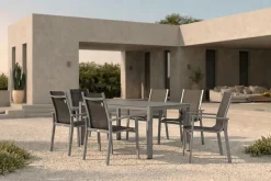 Sale Garten-Essgruppe, silber/anthrazit, Alu/Spraystone/Textilen, 160x95 cm, 6 Stapelsessel Garten-Essgruppen