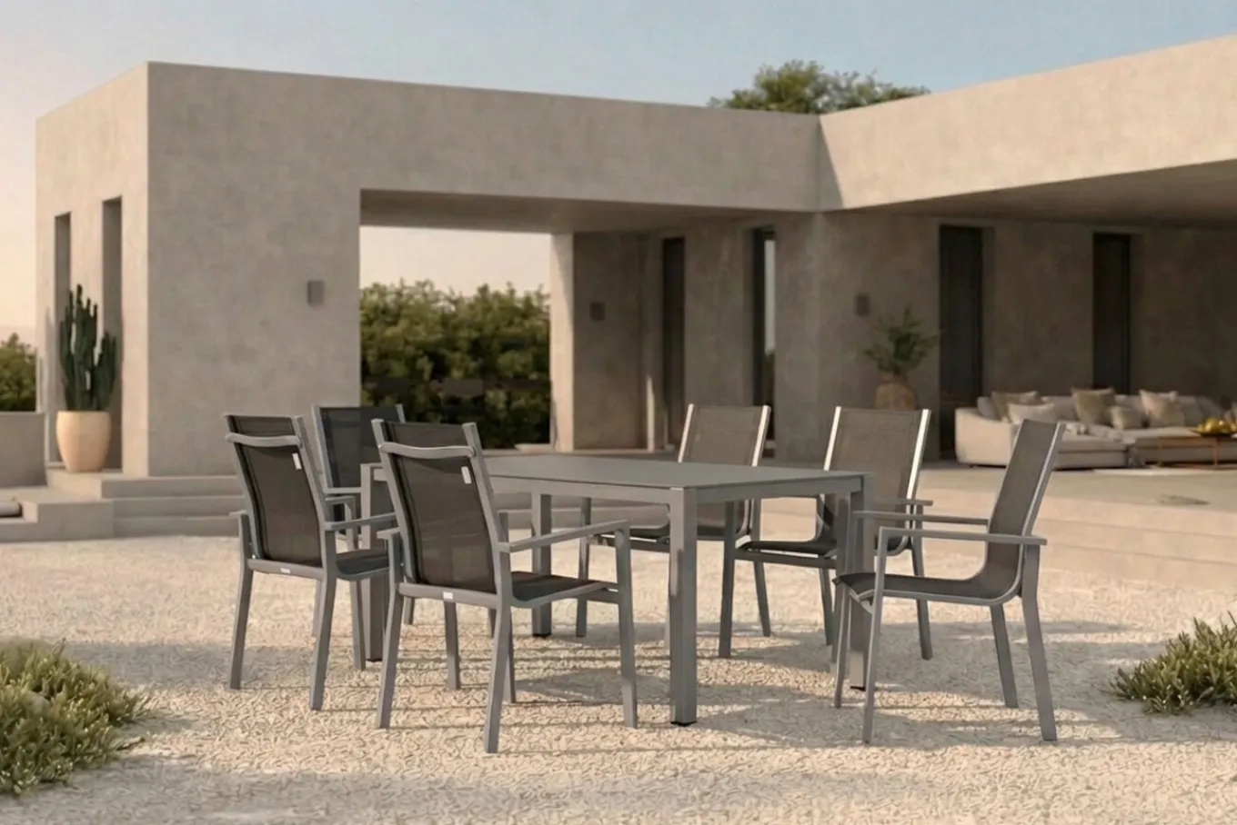 Sale Garten-Essgruppe, silber/anthrazit, Alu/Spraystone/Textilen, 160x95 cm, 6 Stapelsessel Garten-Essgruppen