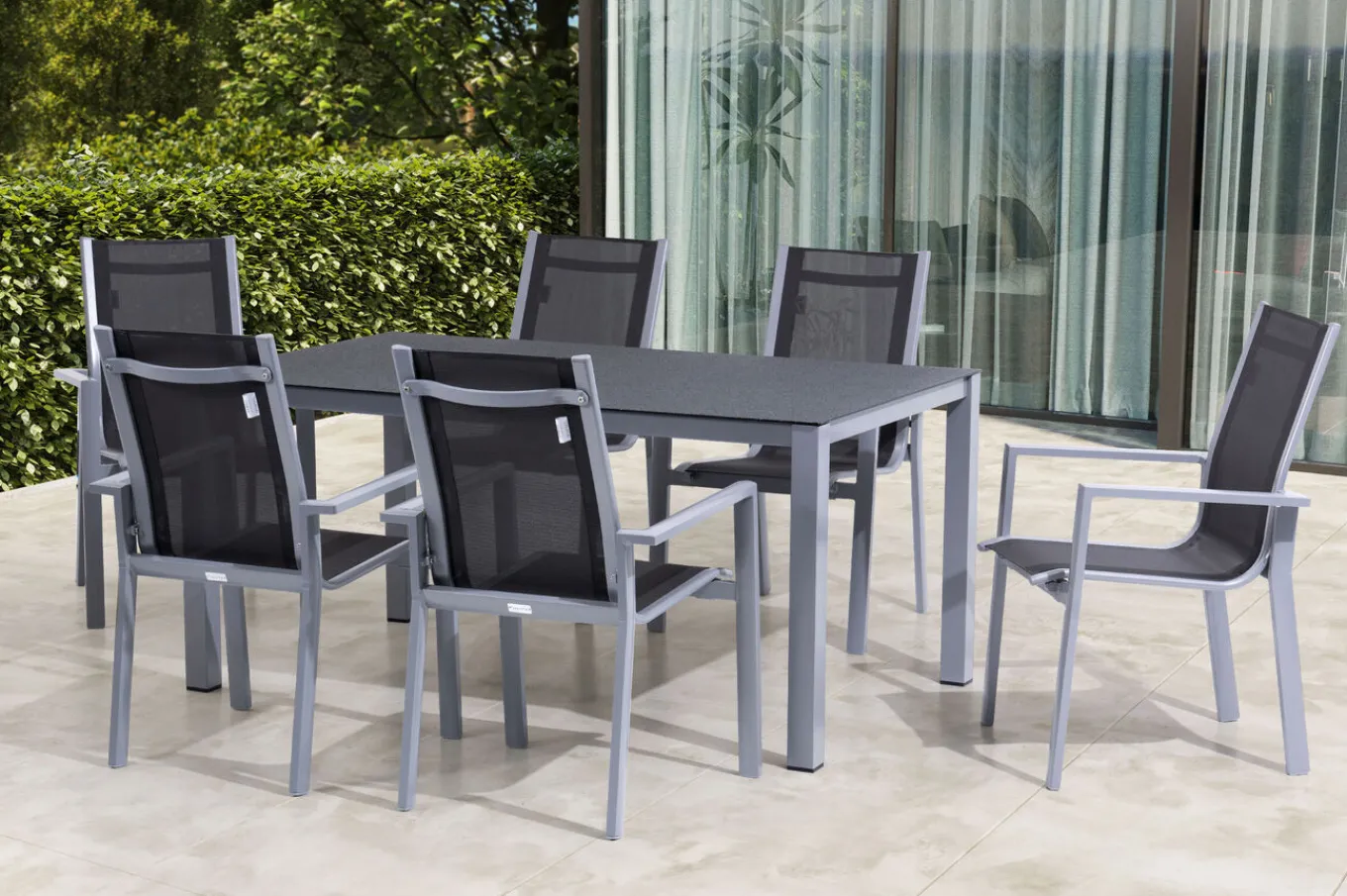Sale Garten-Essgruppe, silber/anthrazit, Alu/Spraystone/Textilen, 160x95 cm, 6 Stapelsessel Garten-Essgruppen