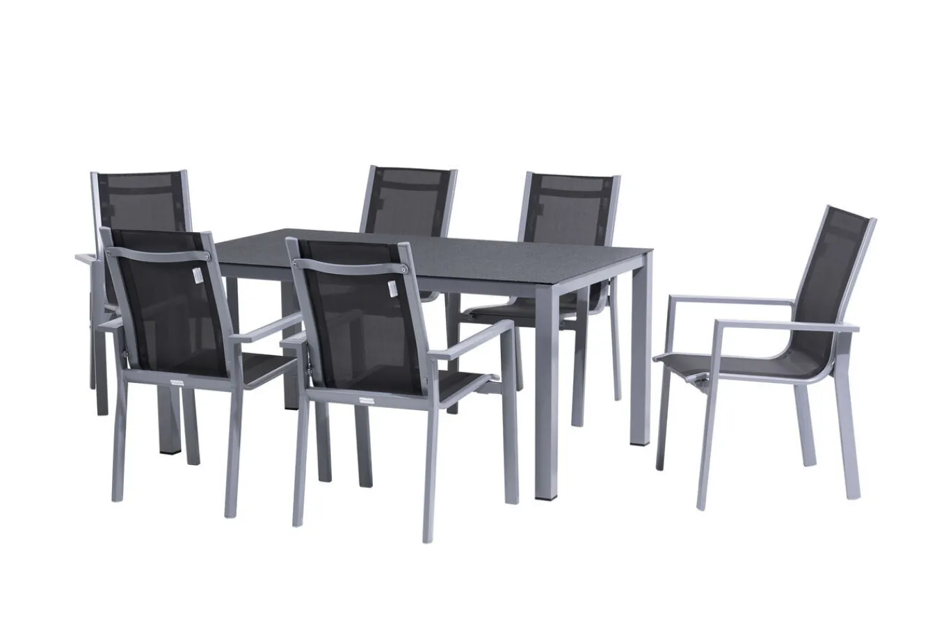 Sale Garten-Essgruppe, silber/anthrazit, Alu/Spraystone/Textilen, 160x95 cm, 6 Stapelsessel Garten-Essgruppen