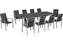 Discount Garten-Essgruppe, silber, Alu / Keramik / Textil, Tisch 180/280x100cm, 10 Stapelsessel Garten-Essgruppen