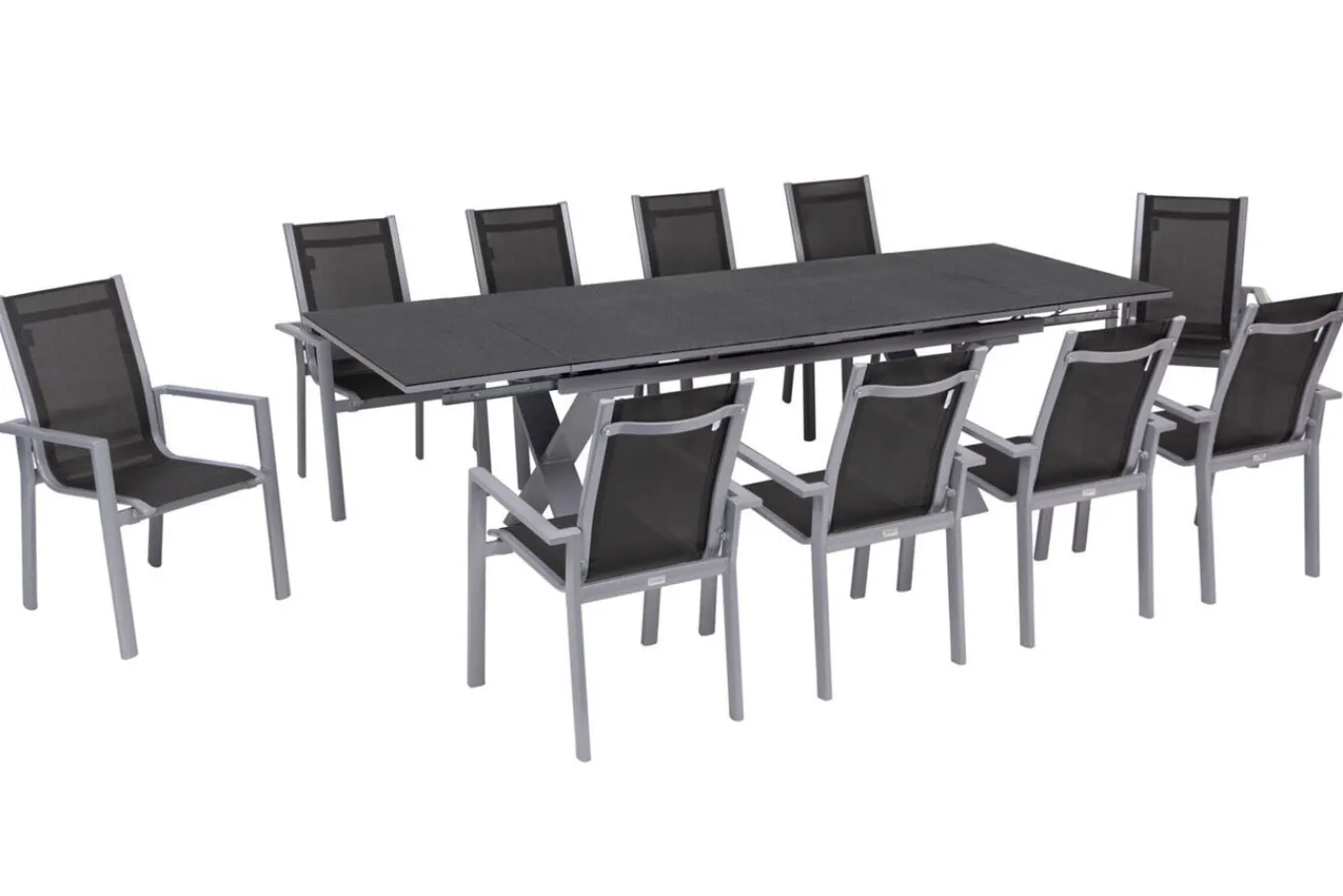 Discount Garten-Essgruppe, silber, Alu / Keramik / Textil, Tisch 180/280x100cm, 10 Stapelsessel Garten-Essgruppen