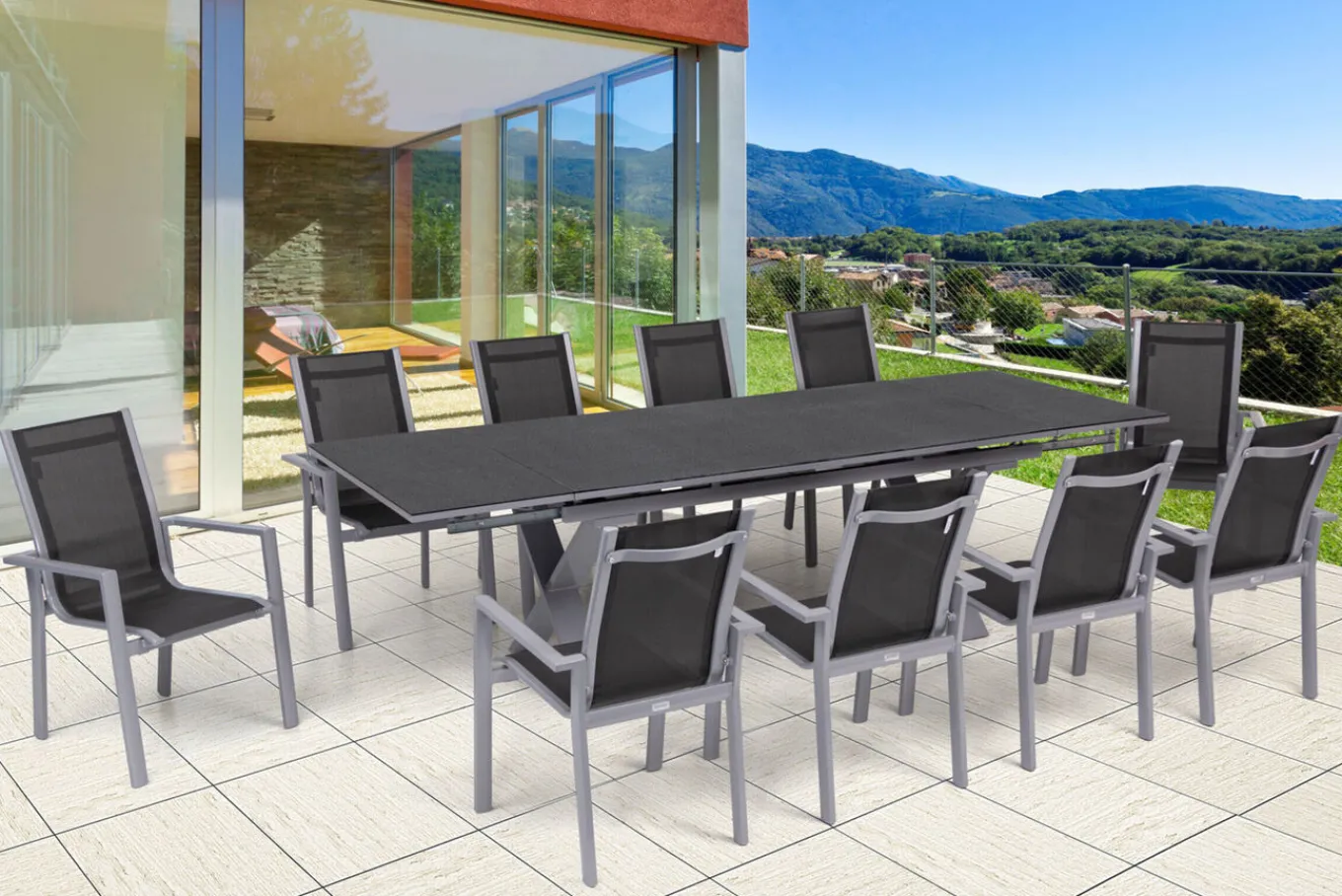 Discount Garten-Essgruppe, silber, Alu / Keramik / Textil, Tisch 180/280x100cm, 10 Stapelsessel Garten-Essgruppen