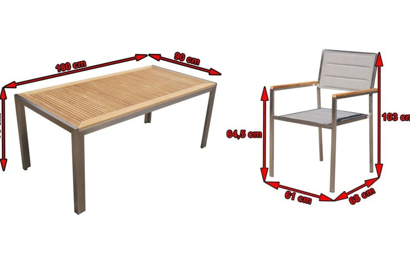 Clearance Garten-Essgruppe, silber, Edelstahl/Teak, Esstisch 180 x 90 cm, 6 Stapelstühle gepolstert Garten-Essgruppen|Edelstahl-Gartenmöbel