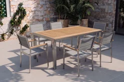Clearance Garten-Essgruppe, silber, Edelstahl/Teak, Esstisch 180 x 90 cm, 6 Stapelstühle gepolstert Garten-Essgruppen|Edelstahl-Gartenmöbel
