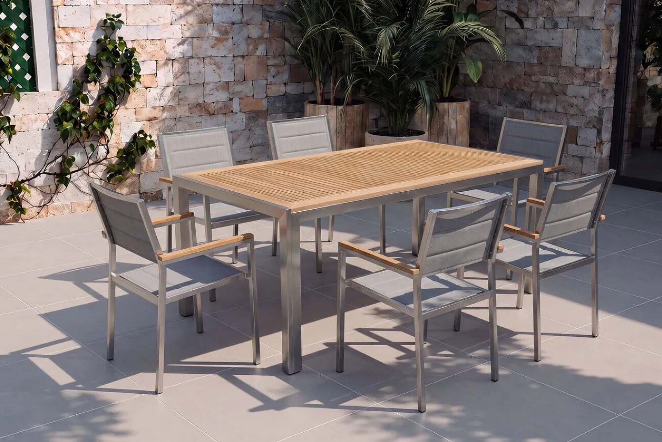 Clearance Garten-Essgruppe, silber, Edelstahl/Teak, Esstisch 180 x 90 cm, 6 Stapelstühle gepolstert Garten-Essgruppen|Edelstahl-Gartenmöbel