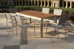 Clearance Garten-Essgruppe, silber, Edelstahl/Teak, Esstisch 180 x 90 cm, 6 Stapelstühle gepolstert Garten-Essgruppen|Edelstahl-Gartenmöbel