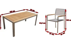 Clearance Garten-Essgruppe, silber, Edelstahl/Teak, Esstisch 180 x 90 cm, 6 Stapelstühle gepolstert Garten-Essgruppen|Edelstahl-Gartenmöbel