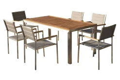 Clearance Garten-Essgruppe, silber, Edelstahl/Teak, Esstisch 180 x 90 cm, 6 Stapelstühle gepolstert Garten-Essgruppen|Edelstahl-Gartenmöbel