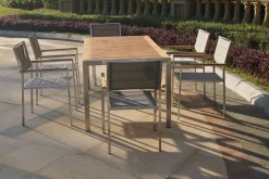 Clearance Garten-Essgruppe, silber, Edelstahl/Teak, Esstisch 180 x 90 cm, 6 Stapelstühle gepolstert Garten-Essgruppen|Edelstahl-Gartenmöbel