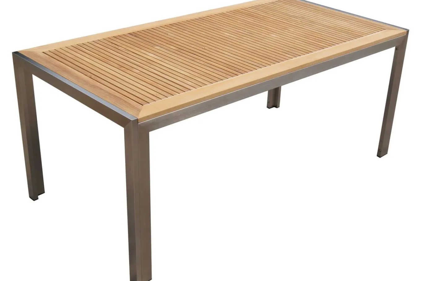 Clearance Garten-Essgruppe, silber, Edelstahl/Teak, Esstisch 180 x 90 cm, 6 Stapelstühle gepolstert Garten-Essgruppen|Edelstahl-Gartenmöbel