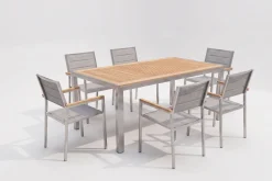 Clearance Garten-Essgruppe, silber, Edelstahl/Teak, Esstisch 180 x 90 cm, 6 Stapelstühle gepolstert Garten-Essgruppen|Edelstahl-Gartenmöbel