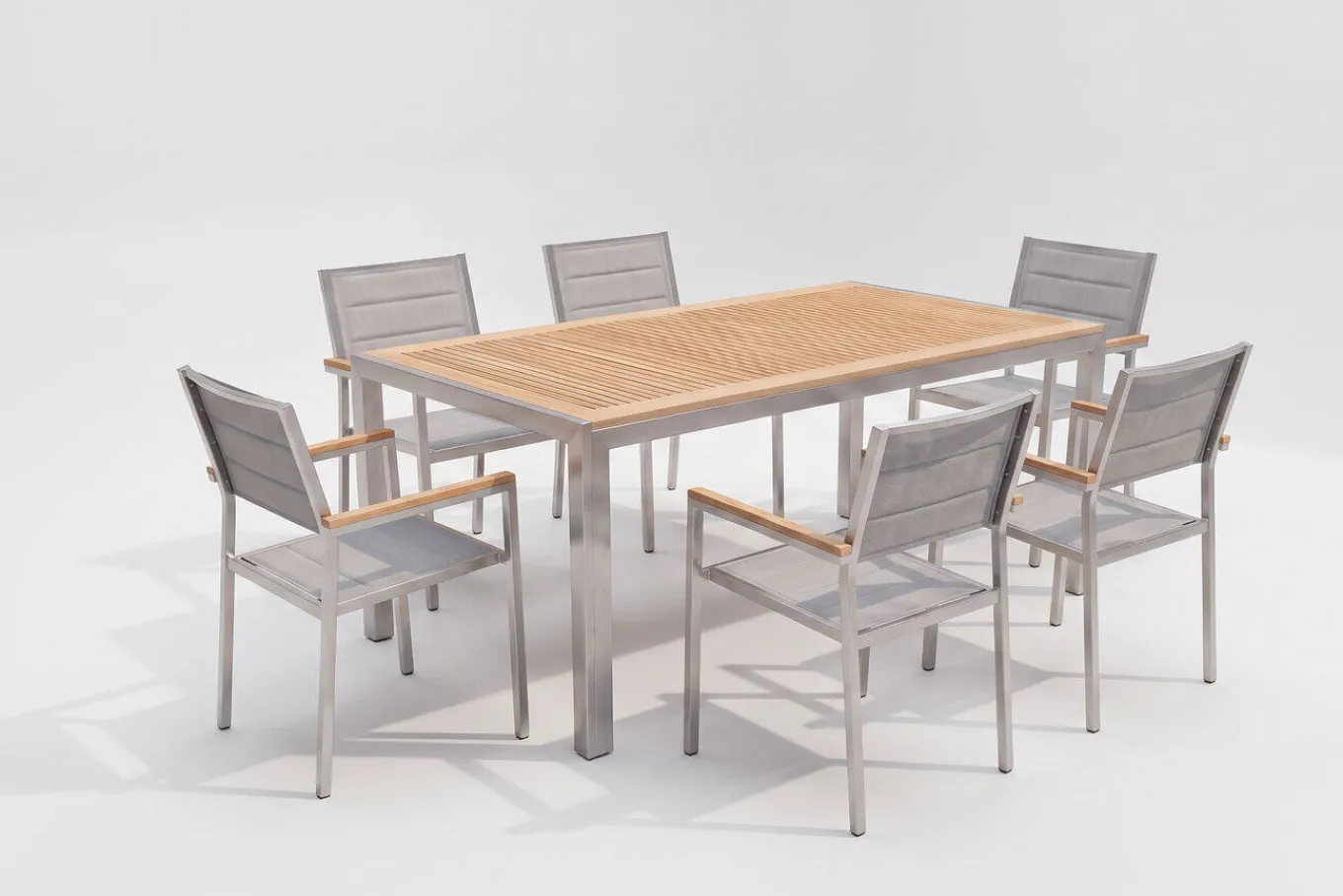 Clearance Garten-Essgruppe, silber, Edelstahl/Teak, Esstisch 180 x 90 cm, 6 Stapelstühle gepolstert Garten-Essgruppen|Edelstahl-Gartenmöbel