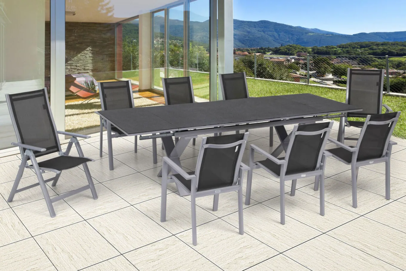 Best Garten-Essgruppe, silber, Alu / Keramik / Textil, Tisch 180/280 x 100 cm, 6 Stapelsessel, 2 Klappstühle Garten-Essgruppen