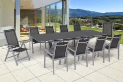New Garten-Essgruppe, silber, Alu / Keramik / Textil, Tisch 180/280 x 100 cm, 8 Stapelsessel, 2 Klappstühle Garten-Essgruppen