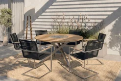 Hot Garten-Essgruppe, silber/schwarz, Edelstahl/Teak, Esstisch Ø 170 cm, 6 Freischwinger, FSC®-zertifiziertes Produkt Garten-Essgruppen|Edelstahl-Gartenmöbel