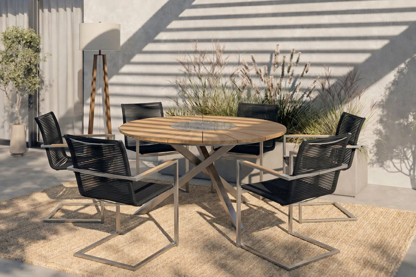 Hot Garten-Essgruppe, silber/schwarz, Edelstahl/Teak, Esstisch Ø 170 cm, 6 Freischwinger, FSC®-zertifiziertes Produkt Garten-Essgruppen|Edelstahl-Gartenmöbel