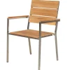 Best Garten-Essgruppe, silber, Edelstahl/recyceltes Teak, Tisch 90 x 90 cm, 4 Stapelsessel, FSC®-zertifiziertes Produkt Garten-Essgruppen|Edelstahl-Gartenmöbel