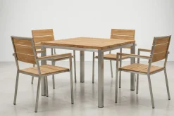 Best Garten-Essgruppe, silber, Edelstahl/recyceltes Teak, Tisch 90 x 90 cm, 4 Stapelsessel, FSC®-zertifiziertes Produkt Garten-Essgruppen|Edelstahl-Gartenmöbel