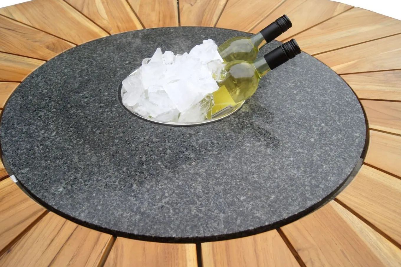 Discount Garten-Essgruppe, silber, Edelstahl/Teak, Ø 170 cm, 6 Freischwinger, inkl. drehbarer Granitplatte + Eiskühler, FSC®-zertifiziertes Produkt Garten-Essgruppen|Edelstahl-Gartenmöbel