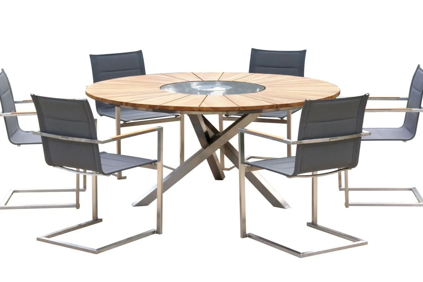 Discount Garten-Essgruppe, silber, Edelstahl/Teak, Ø 170 cm, 6 Freischwinger, inkl. drehbarer Granitplatte + Eiskühler, FSC®-zertifiziertes Produkt Garten-Essgruppen|Edelstahl-Gartenmöbel