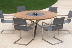Discount Garten-Essgruppe, silber, Edelstahl/Teak, Ø 170 cm, 6 Freischwinger, inkl. drehbarer Granitplatte + Eiskühler, FSC®-zertifiziertes Produkt Garten-Essgruppen|Edelstahl-Gartenmöbel