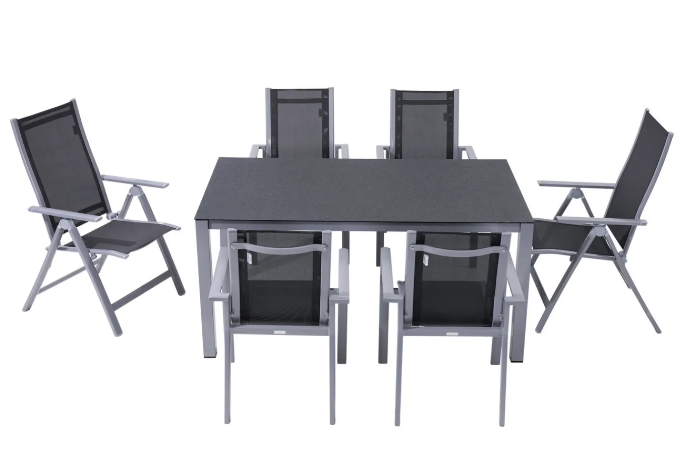 Discount Garten-Essgruppe, silber/anthrazit, Alu/Spraystone/Textilen, 160 x 95 cm, 4 Stapelsessel, 2 Klappstühle Garten-Essgruppen|Aluminium-Gartenmöbel