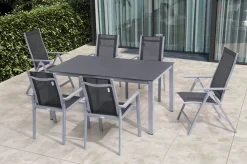 Discount Garten-Essgruppe, silber/anthrazit, Alu/Spraystone/Textilen, 160 x 95 cm, 4 Stapelsessel, 2 Klappstühle Garten-Essgruppen|Aluminium-Gartenmöbel