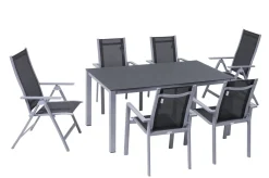 Discount Garten-Essgruppe, silber/anthrazit, Alu/Spraystone/Textilen, 160 x 95 cm, 4 Stapelsessel, 2 Klappstühle Garten-Essgruppen|Aluminium-Gartenmöbel