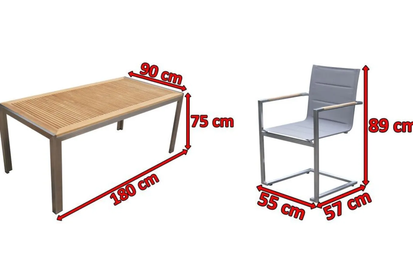 Discount Garten-Essgruppe, silber, Edelstahl/Teak, Tisch 180x90cm, 6 Sessel gepolstert Garten-Essgruppen|Edelstahl-Gartenmöbel